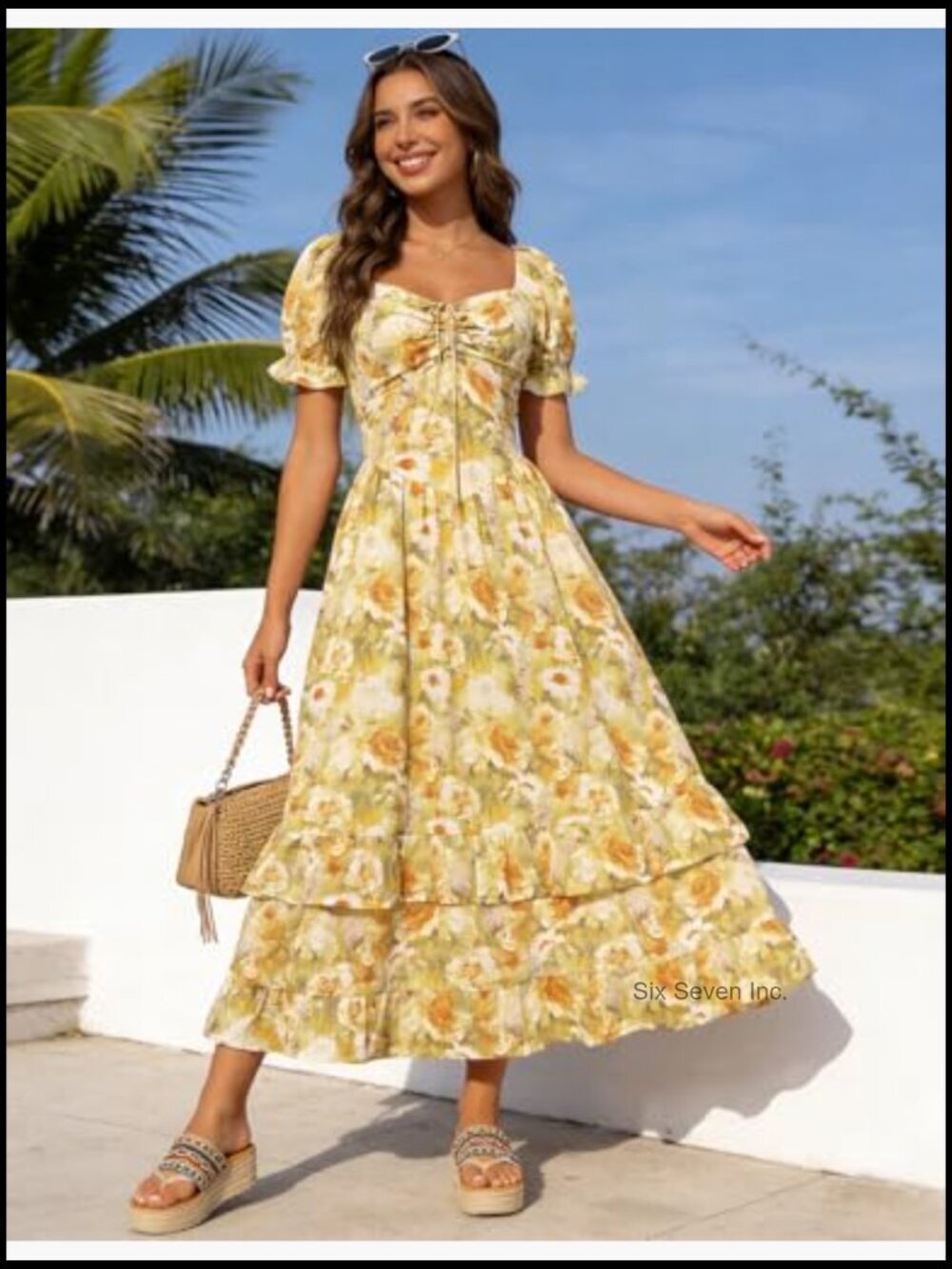 Floral Cottagecore Puff Sleeve Maxi Dress with Corset Waist and Pockets - Picture 5 of 7